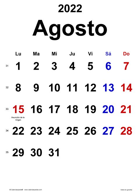 calendario de agosto 2022
